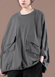 Elegant Gray Cinched Pockets Loose Sweatshirts Top - bagstylebliss