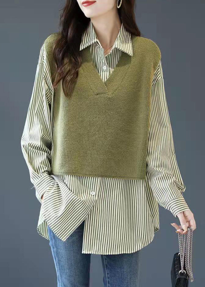 Elegant Green Button Peter Pan Collar Knit Patchwork Striped Fake Two Piece Shirt Long Sleeve