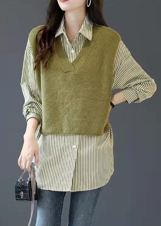 Elegant Green Button Peter Pan Collar Knit Patchwork Striped Fake Two Piece Shirt Long Sleeve