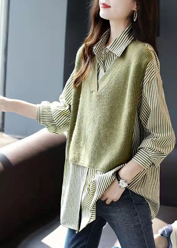 Elegant Green Button Peter Pan Collar Knit Patchwork Striped Fake Two Piece Shirt Long Sleeve