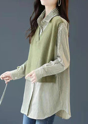 Elegant Green Button Peter Pan Collar Knit Patchwork Striped Fake Two Piece Shirt Long Sleeve