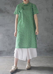 Elegant Green Mandarin Collar Button Plaid Cotton Dresses Short Sleeve