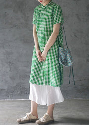 Elegant Green Mandarin Collar Button Plaid Cotton Dresses Short Sleeve