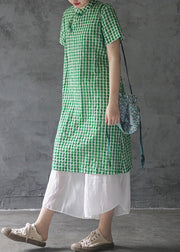 Elegant Green Mandarin Collar Button Plaid Cotton Dresses Short Sleeve