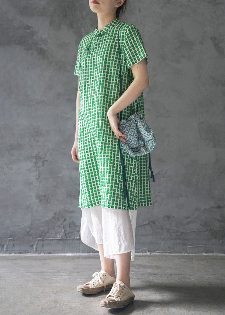 Elegant Green Mandarin Collar Button Plaid Cotton Dresses Short Sleeve