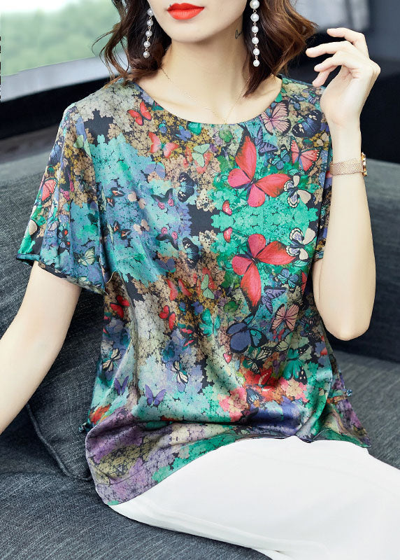 Elegant Green O-Neck Butterfly Print Satin Top Short Sleeve