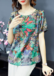 Elegant Green O-Neck Butterfly Print Satin Top Short Sleeve