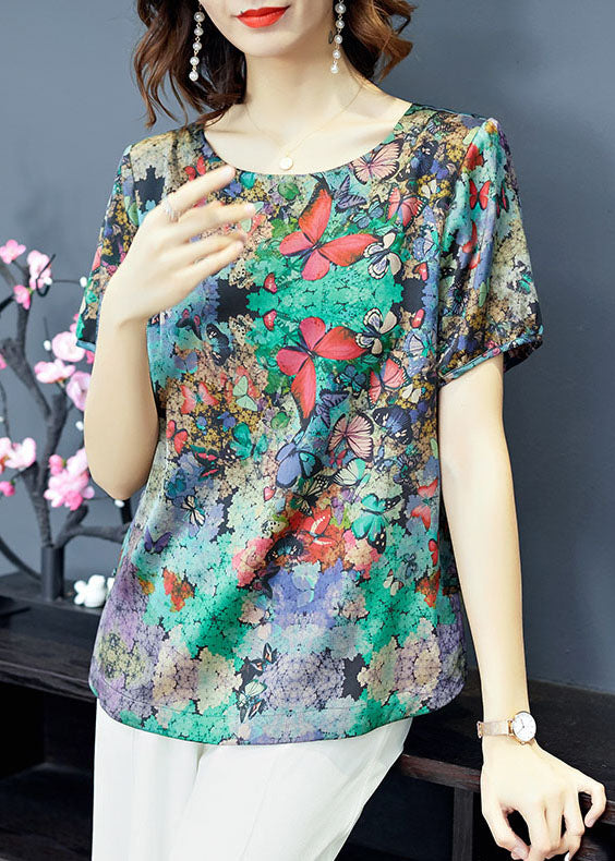 Elegant Green O-Neck Butterfly Print Satin Top Short Sleeve