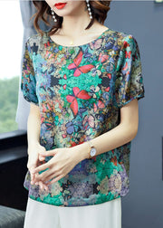 Elegant Green O-Neck Butterfly Print Satin Top Short Sleeve