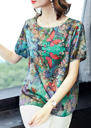 Elegant Green O-Neck Butterfly Print Satin Top Short Sleeve