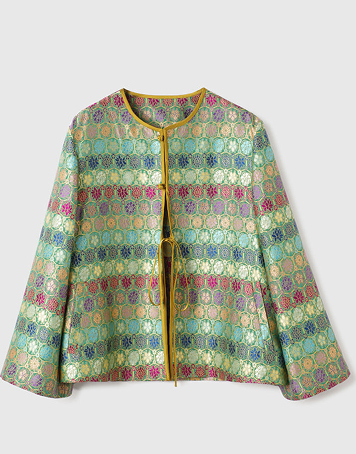 Elegant Green O-Neck Print Button Sillk Coat Long Sleeve