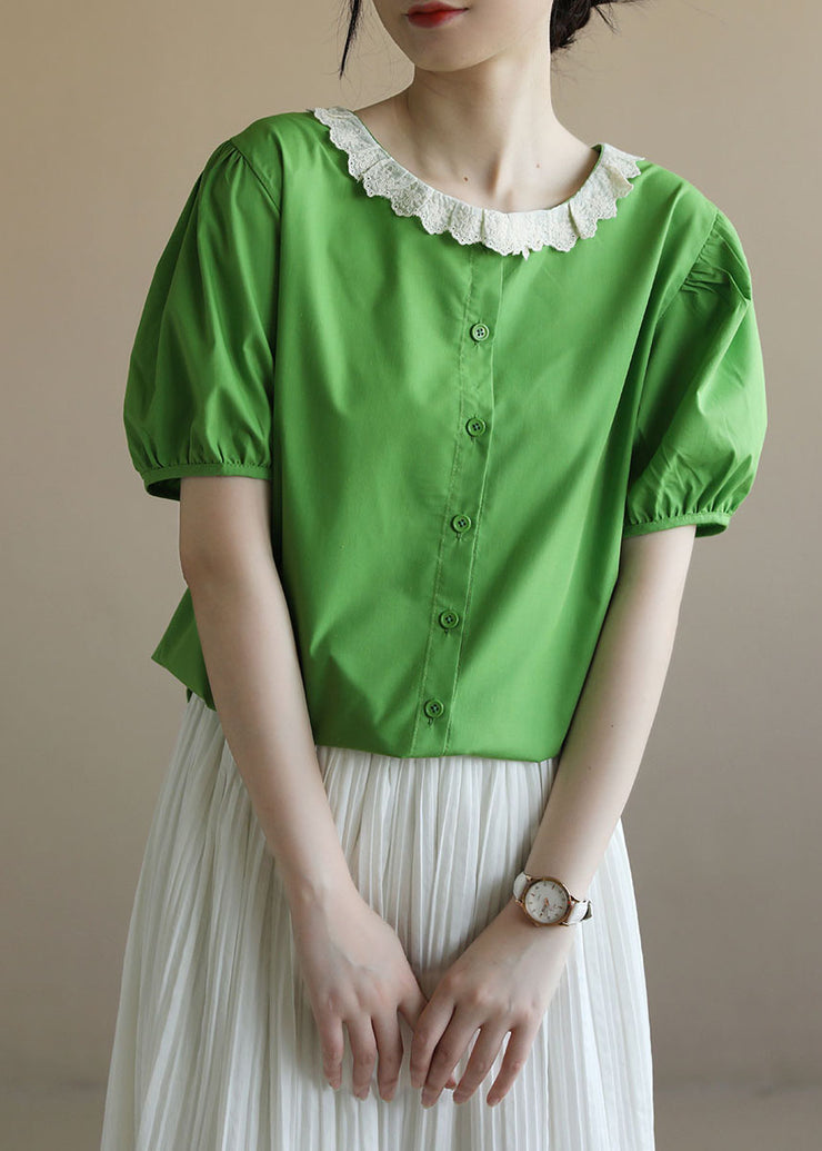 Elegant Green Peter Pan Collar Patchwork Cotton Shirt Top Puff Sleeve