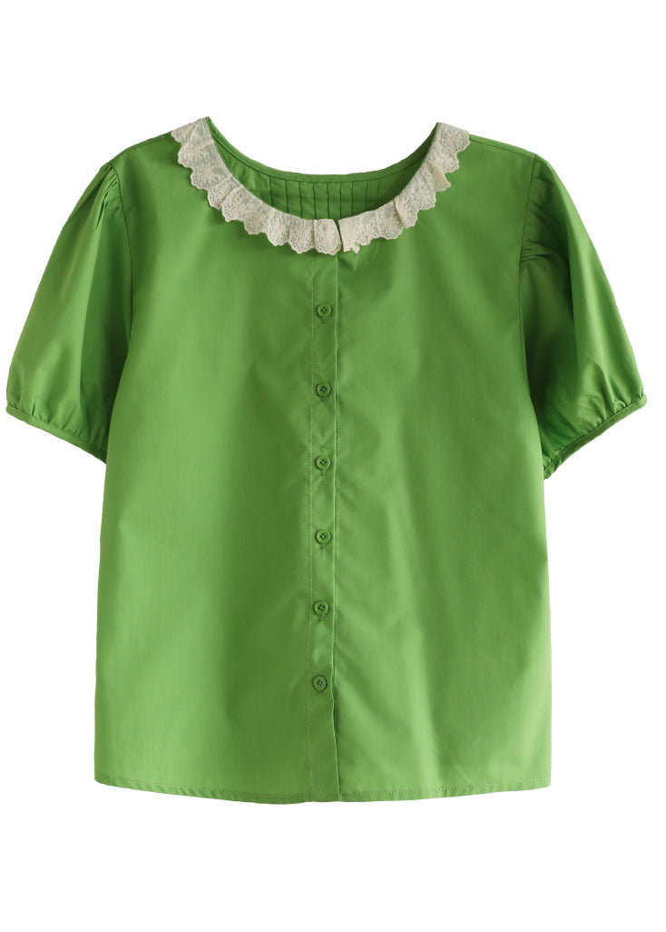 Elegant Green Peter Pan Collar Patchwork Cotton Shirt Top Puff Sleeve