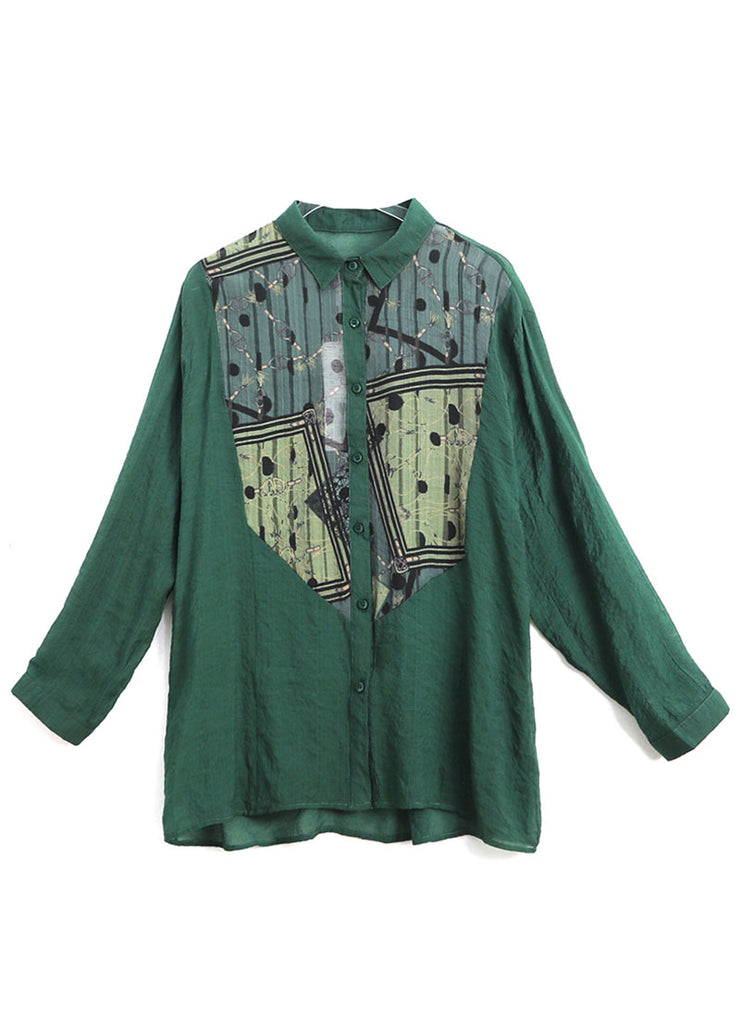 Elegant Green Peter Pan Collar Print Patchwork Cotton Blouses Long Sleeve