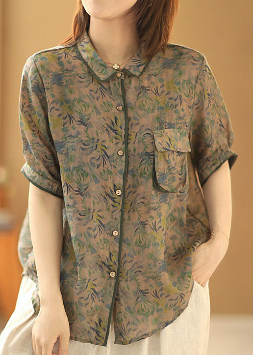 Elegant Green Peter Pan Collar Print Pocket Linen Shirt Top Short Sleeve