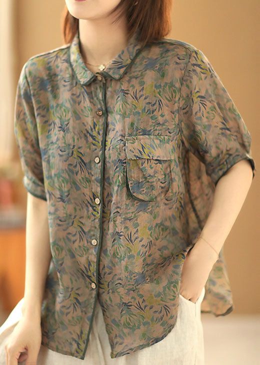 Elegant Green Peter Pan Collar Print Pocket Linen Shirt Top Short Sleeve