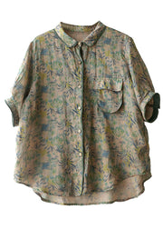 Elegant Green Peter Pan Collar Print Pocket Linen Shirt Top Short Sleeve