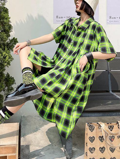 Elegant Green Plaid Cotton Buttonlow high design Summer Maxi Dresses - bagstylebliss