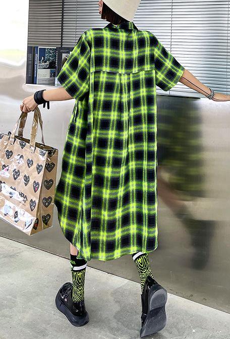 Elegant Green Plaid Cotton Buttonlow high design Summer Maxi Dresses - bagstylebliss
