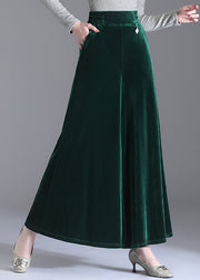 Elegant Green Pockets Elastic Waist Velour Wide Leg Pants Fall