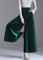 Elegant Green Pockets Elastic Waist Velour Wide Leg Pants Fall