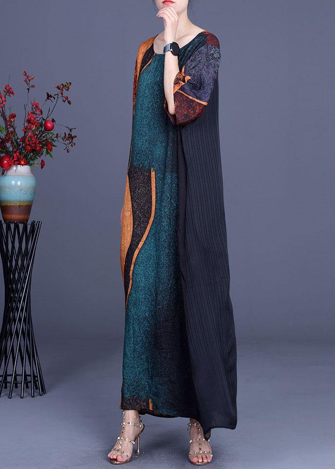 Elegant Green Print Patchwork Half Sleeve Silk Dress Summer - bagstylebliss