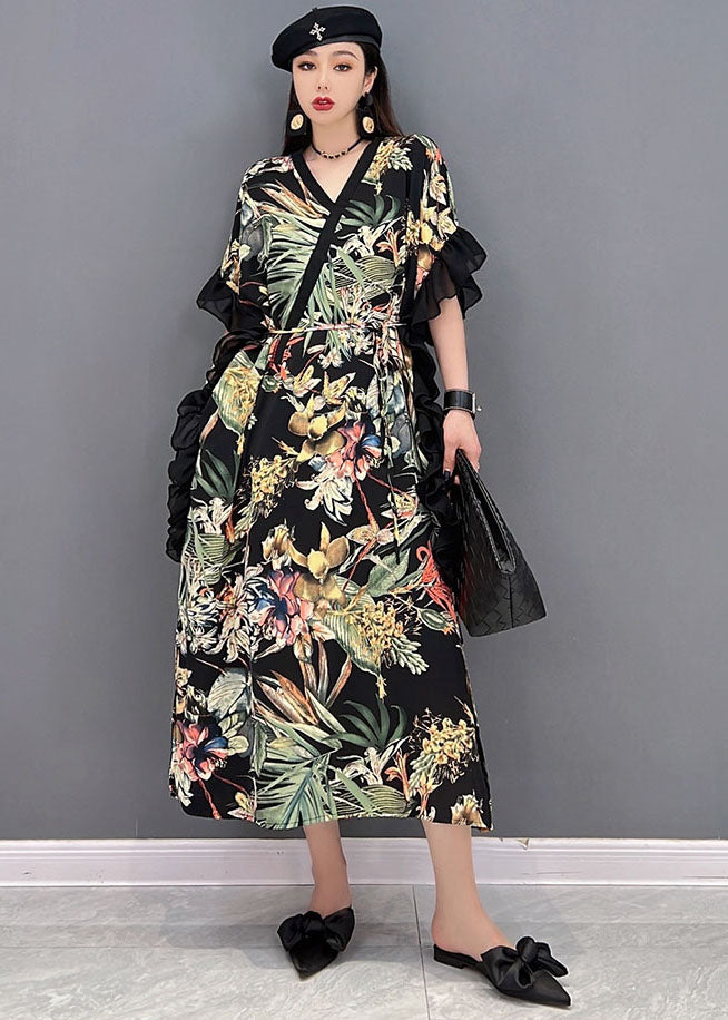 Elegant Green Print Ruffled Patchwork Chiffon Long Dress Short Sleeve