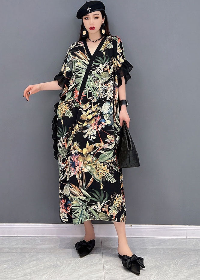 Elegant Green Print Ruffled Patchwork Chiffon Long Dress Short Sleeve