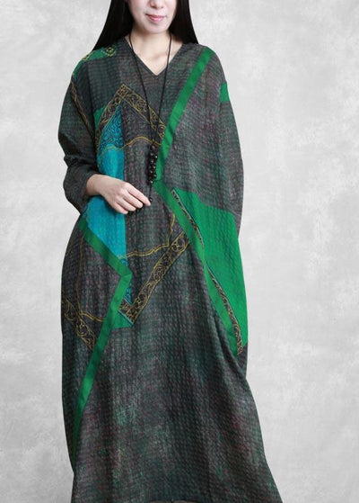 Elegant Green Print Tunic Pattern V Neck Patchwork Maxi Spring Dress - bagstylebliss