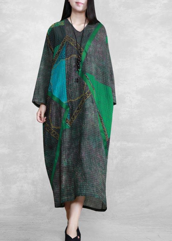 Elegant Green Print Tunic Pattern V Neck Patchwork Maxi Spring Dress - bagstylebliss