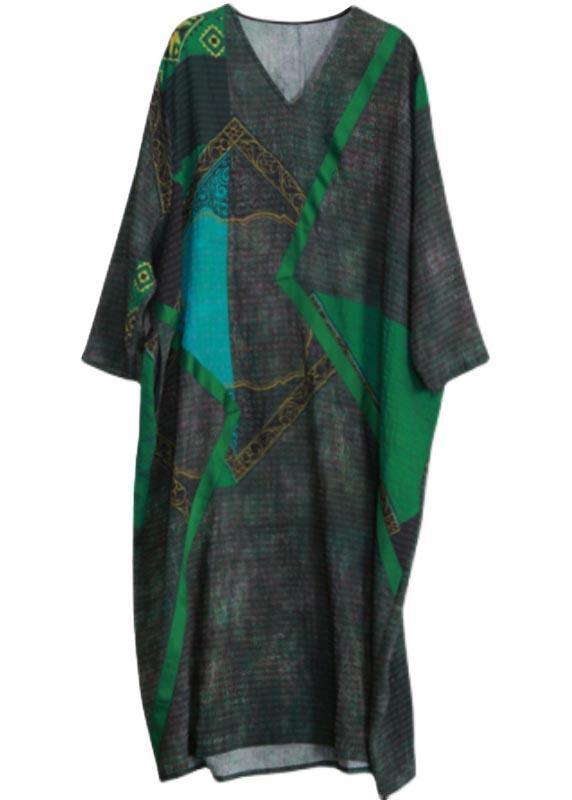 Elegant Green Print Tunic Pattern V Neck Patchwork Maxi Spring Dress - bagstylebliss