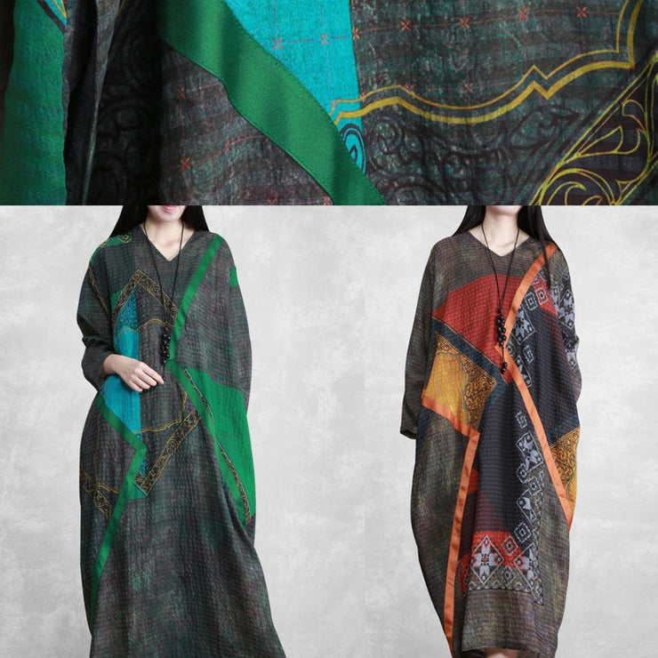 Elegant Green Print Tunic Pattern V Neck Patchwork Maxi Spring Dress - bagstylebliss