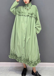 Elegant Green Stand Collar Ruffled Tulle Patchwork Button Maxi Dress Winter