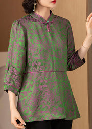 Elegant Green Stand Collar print Patchwork Silk Tops Three Quarter sleeve