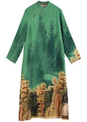 Elegant Green Stand Collar side open Print Dresses Long Sleeve