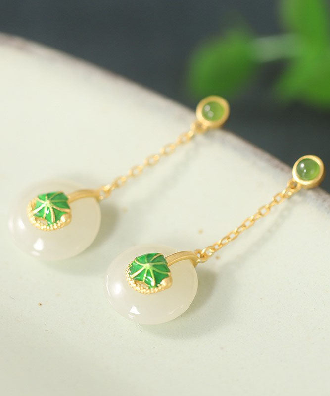 Elegant Green Sterling Silver Overgild Jade Lotus Drop Earrings