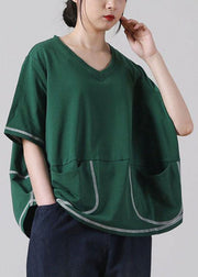 Elegant Green V Neck  Short Sleeve Cotton Shirt - bagstylebliss