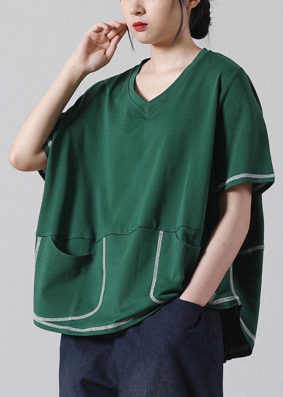 Elegant Green V Neck  Short Sleeve Cotton Shirt - bagstylebliss