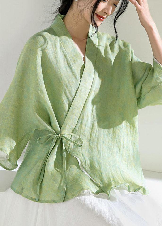 Elegant Green V Neck Butterfly Sleeve Tie Waist Summer Linen Tops - bagstylebliss