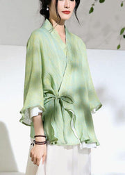 Elegant Green V Neck Butterfly Sleeve Tie Waist Summer Linen Tops - bagstylebliss