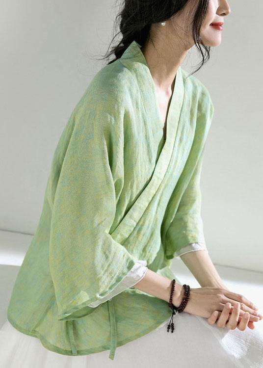 Elegant Green V Neck Butterfly Sleeve Tie Waist Summer Linen Tops - bagstylebliss