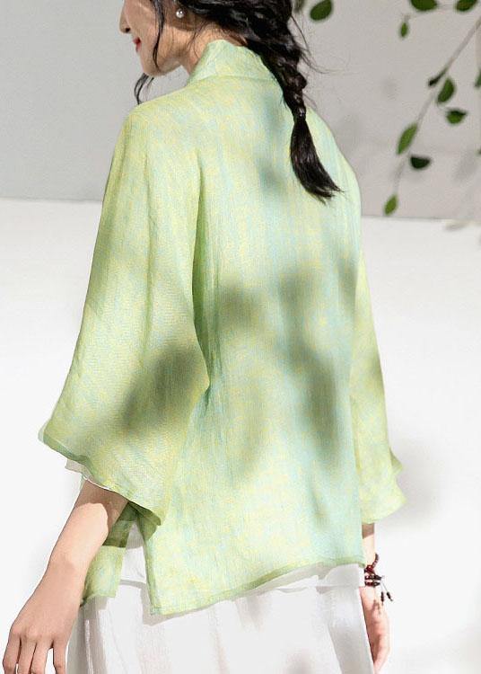 Elegant Green V Neck Butterfly Sleeve Tie Waist Summer Linen Tops - bagstylebliss