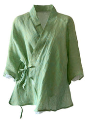 Elegant Green V Neck Butterfly Sleeve Tie Waist Summer Linen Tops - bagstylebliss