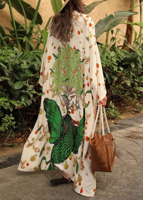 Elegant Green V Neck Print Maxi Beach Cardigans Long Sleeve