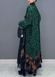 Elegant Green V Neck Print Patchwork Long Knit Cardigans Fall