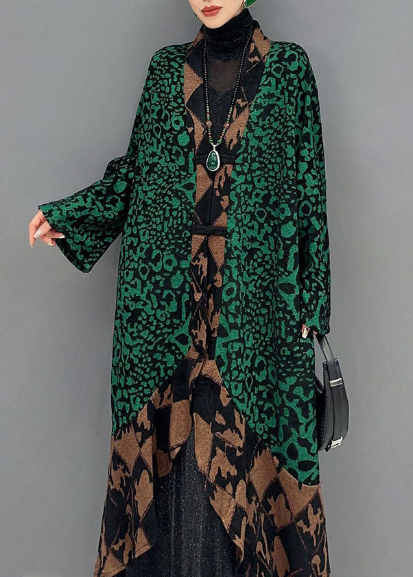 Elegant Green V Neck Print Patchwork Long Knit Cardigans Fall