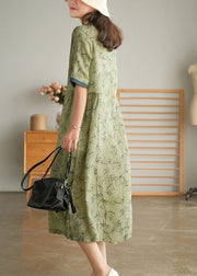 Elegant Green Wrinkled V Neck Patchwork Cotton Long Dress Short Sleeve