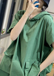 Elegant Green hooded Pockets drawstring Fall Short Sleeve Blouses