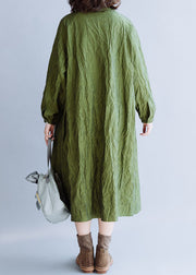 Elegant Green wrinkled Button Cotton Long Dress Spring