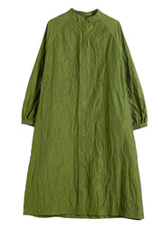 Elegant Green wrinkled Button Cotton Long Dress Spring